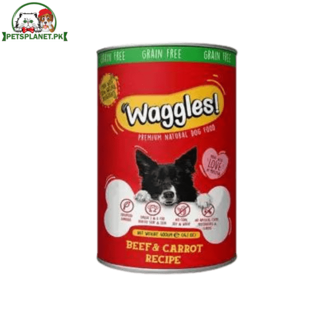 Waggles Dog Wet Food Tins in Four Different Flavors