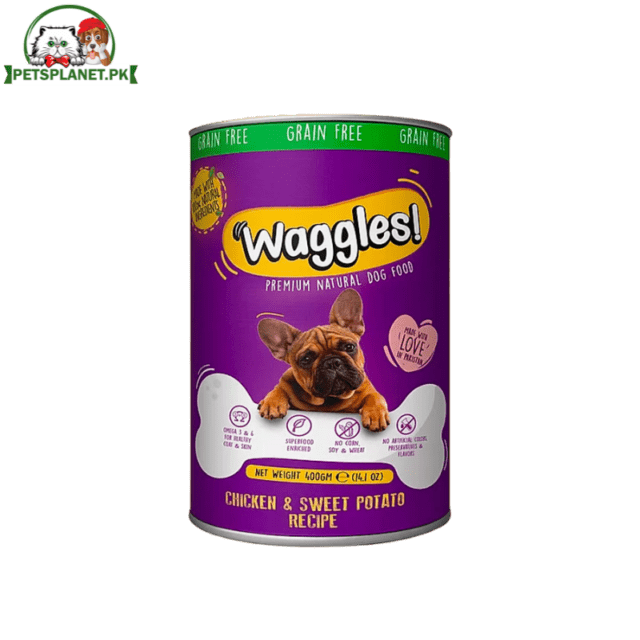 Waggles Dog Wet Food Tins in Four Different Flavors