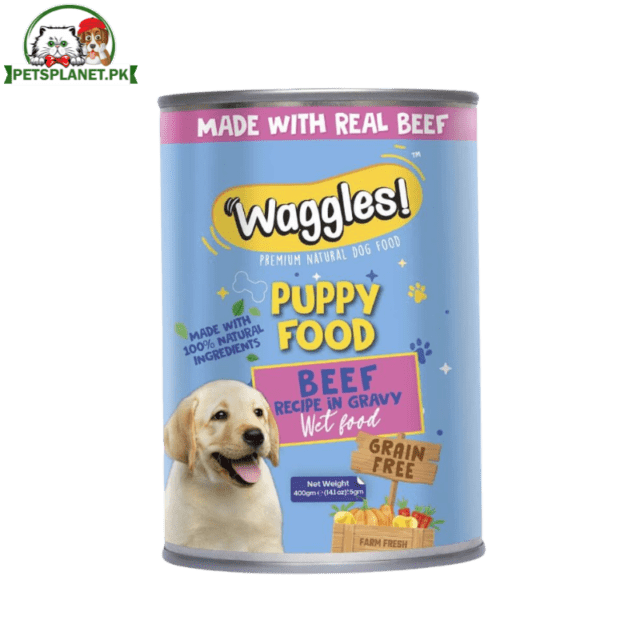 Waggles Dog Wet Food Tins in Four Different Flavors